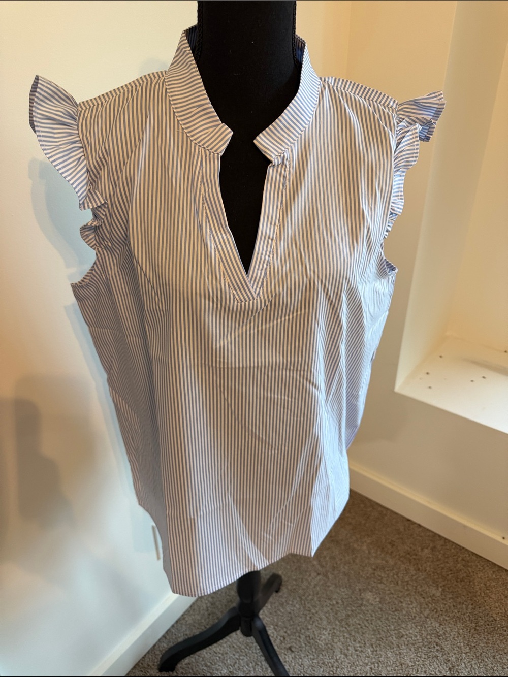 SHEIN Blue & White Pinstripe Ruffle Sleeve V-Neck Blouse